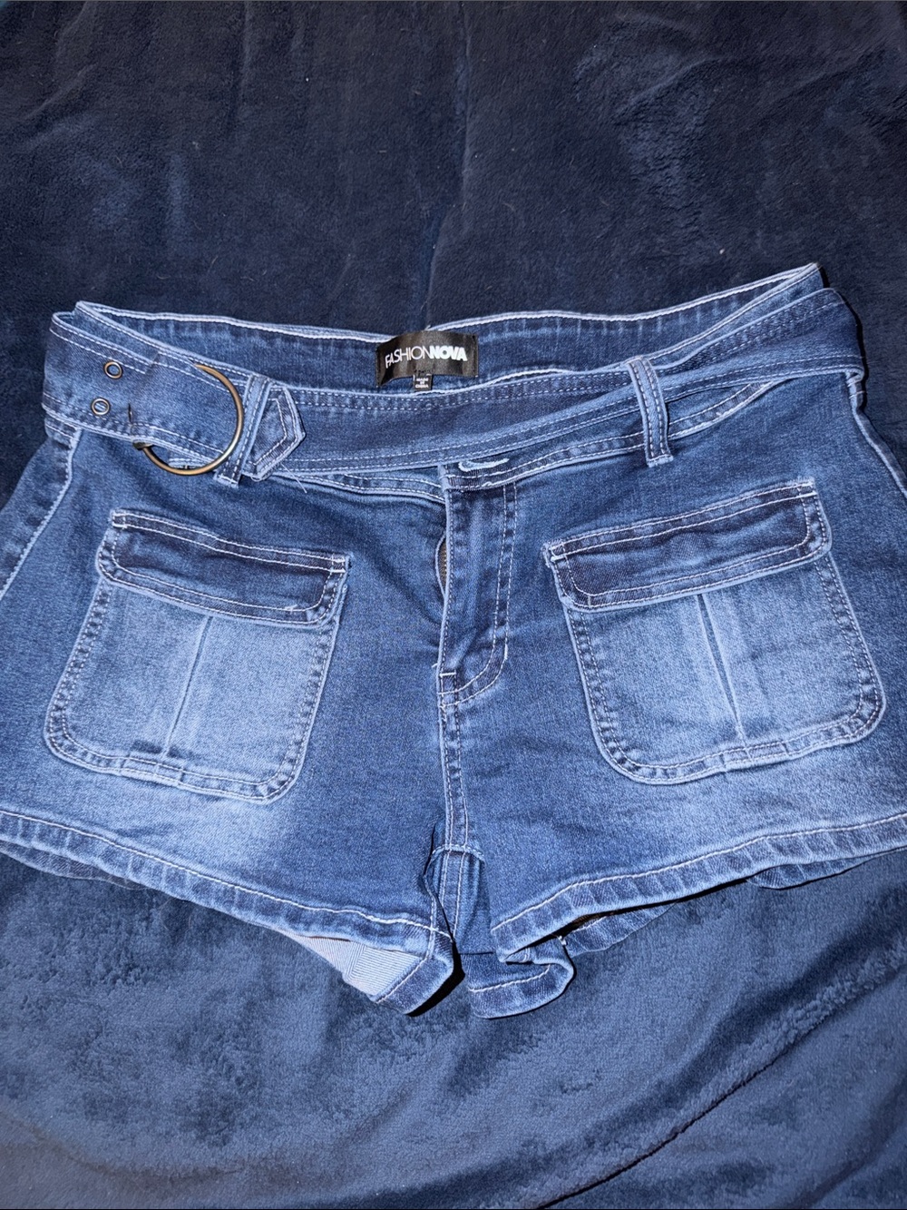 Fashion Nova Blue Denim Belted Patch-Pocket Shorts